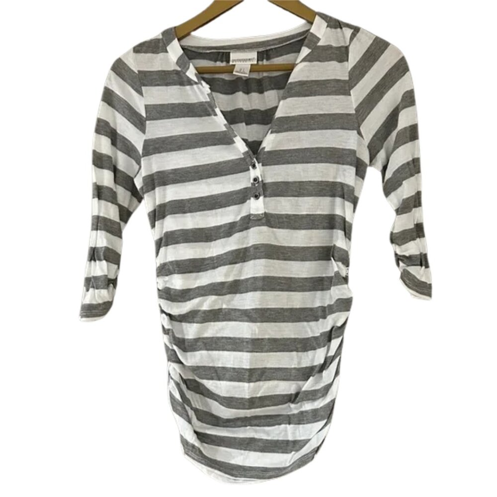 Motherhood Maternity Gray White Striped Henley Top Ruched Sides